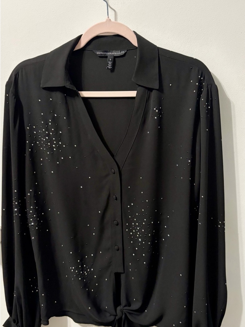 White House Black Market Black Long-Sleeve Button Front Blouse with Stud Detail